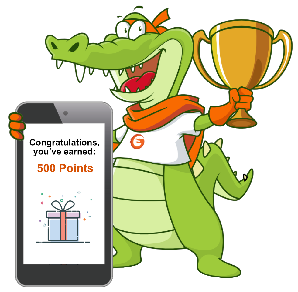 Gator holding a customer loyalty program app on the phone
