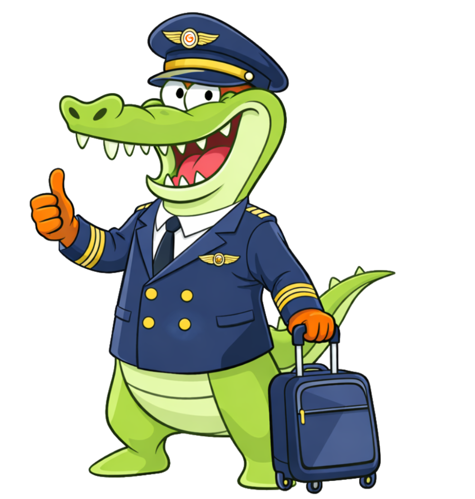 Airport Customer Loyalty Programs with Loyalty Gator Cartoon airline pilot alligator holding luggage, representing airline loyalty program software for passenger rewards and frequent flyers.
