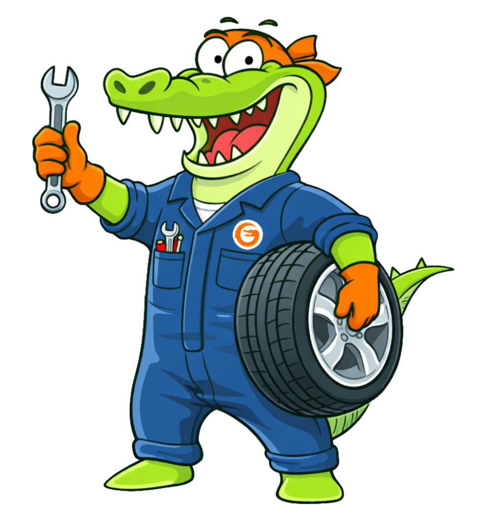 Auto repair loyalty program mascot holding a wrench and tire for customer rewards