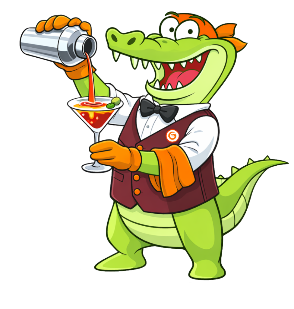 Cartoon Loyalty Gator bartender pouring a martini to promote bar loyalty programs for pubs, lounges, and nightclubs.