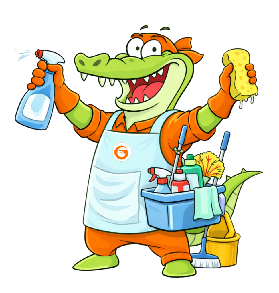 Cartoon alligator mascot holding cleaning supplies to promote a cleaning business loyalty program for repeat customers and referrals.