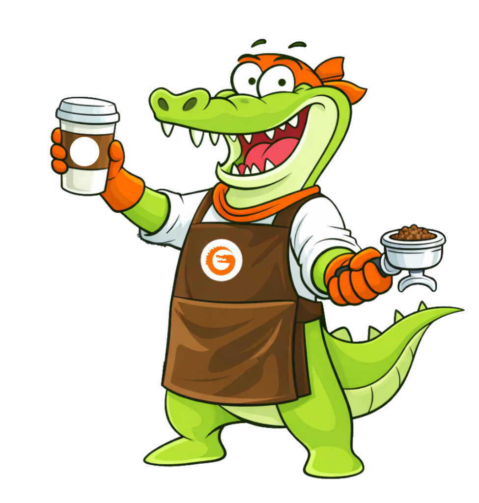 Coffee Shop loyalty programs with Loyalty Gator Friendly cartoon alligator barista holding coffee and espresso for a cafe loyalty program.