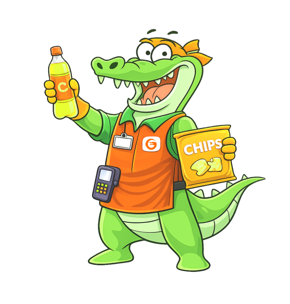 Cartoon alligator convenience store clerk holding a drink and chips, representing convenience store loyalty programs.