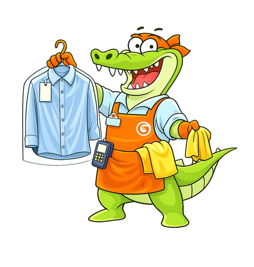 Dry Cleaner loyalty programs with Loyalty Gator Friendly alligator mascot holding a clean shirt and payment terminal to promote dry cleaner rewards software.