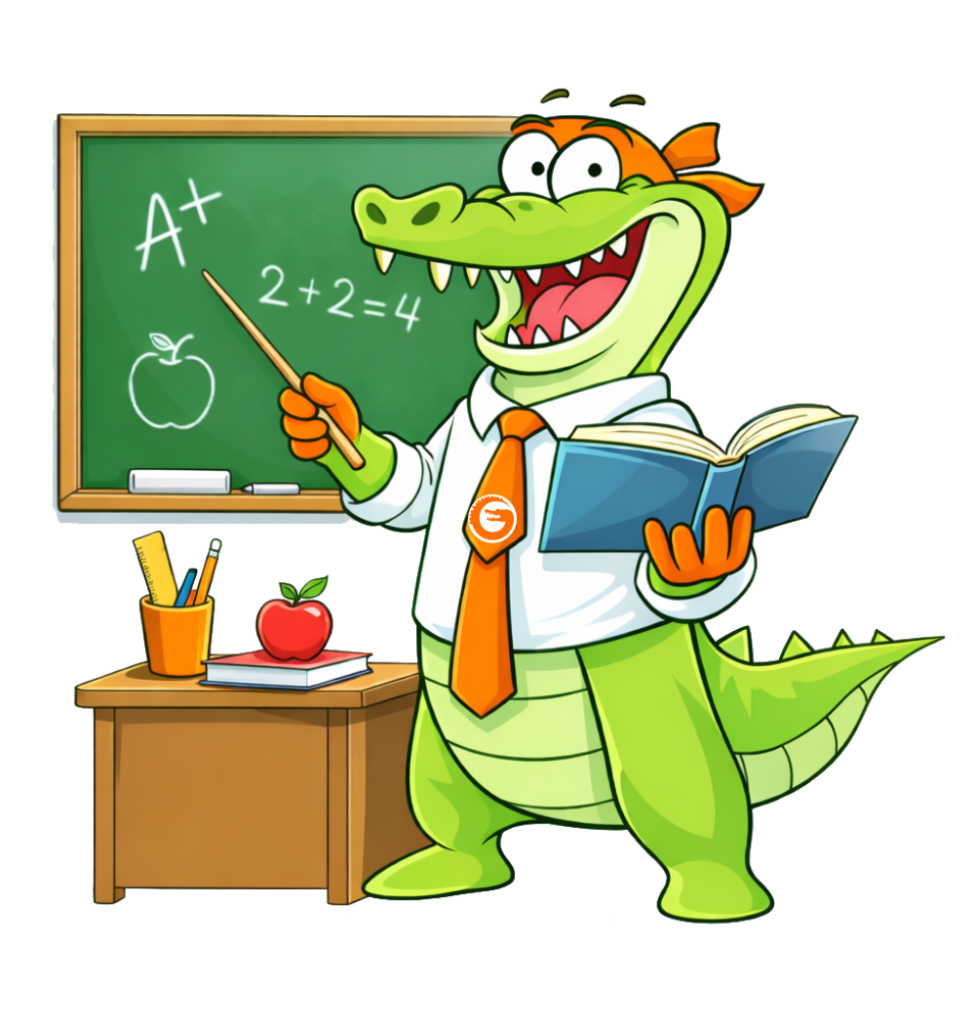 Friendly alligator teacher holding a book and pointer in a classroom, promoting a school rewards program for student engagement.