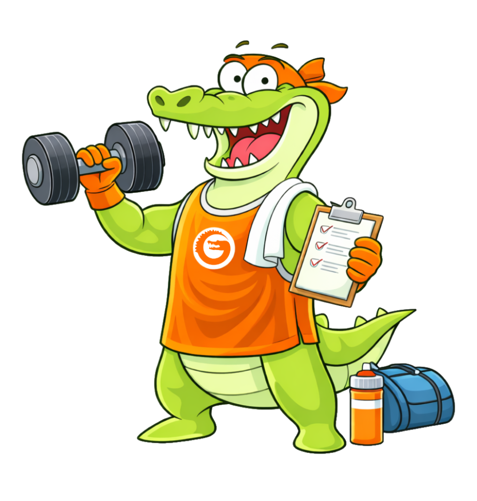 Cartoon alligator mascot holding a dumbbell and fitness checklist to promote a gym loyalty program for fitness studios.