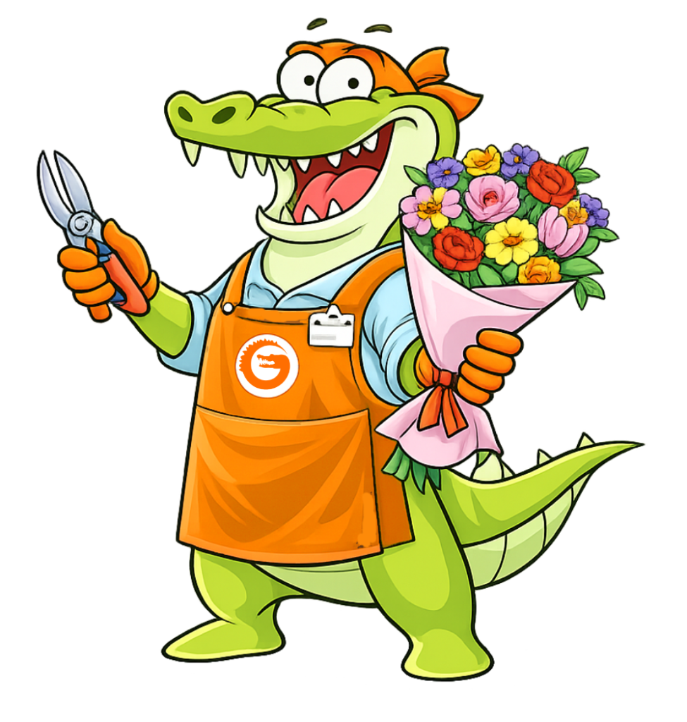 Flower Shop loyalty programs with Loyalty Gator Cartoon alligator florist holding pruning shears and a bouquet of flowers to promote florist loyalty program software.