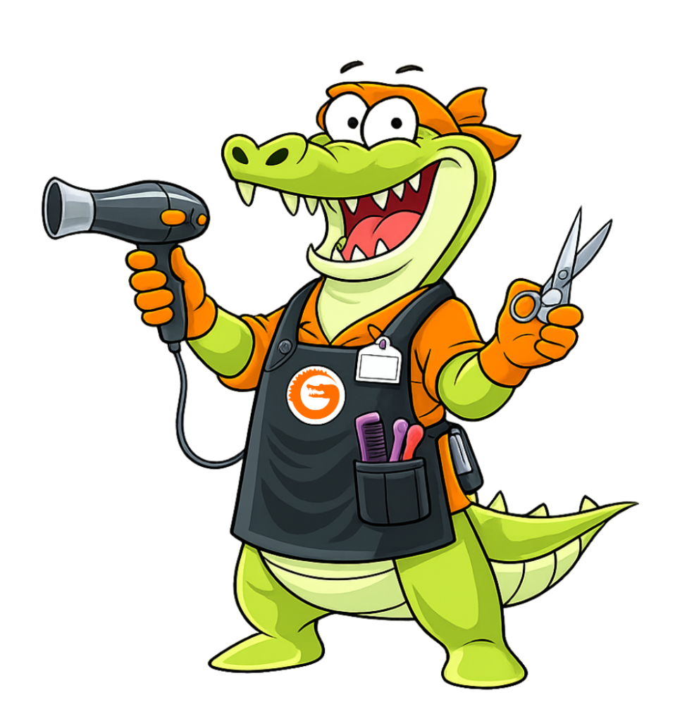 Hair salon loyalty programs with Loyalty Gator Friendly cartoon alligator salon stylist holding a hair dryer and scissors to promote a salon loyalty program.