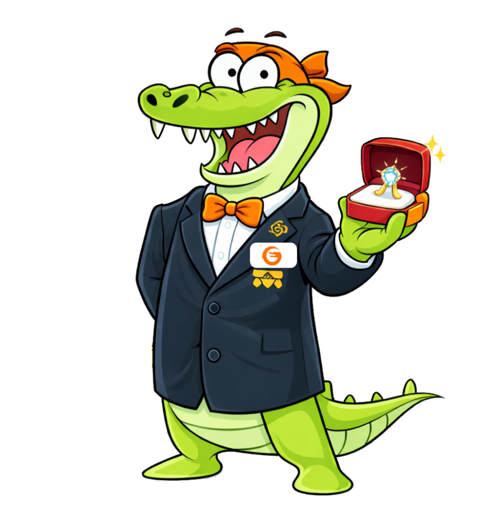 Jewelry Store loyalty programs with Loyalty Gator Cartoon alligator mascot in a suit holding an engagement ring to promote a jewelry store loyalty program.