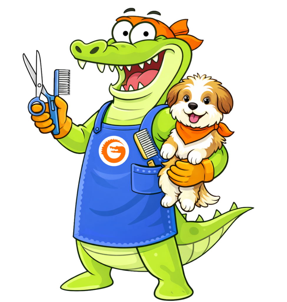 Pet Store and Grooming loyalty programs with Loyalty Gator Cartoon alligator pet groomer holding scissors and a brush while carrying a happy dog, promoting a pet store rewards program for grooming and pet care businesses.