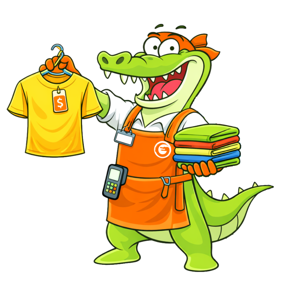 Cartoon Loyalty Gator mascot holding a yellow shirt and folded clothes to promote retail rewards programs for clothing stores.