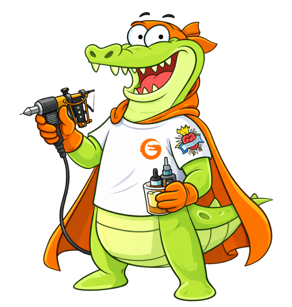 Tattoo Shop loyalty programs with Loyalty Gator Tattoo loyalty program mascot holding a tattoo machine and ink for tattoo shop rewards